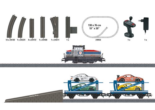 Märklin 29952 Start-Up startsæt "Autotransport", med skinneoval, lokomotiv, vogne og trådløst joystick 