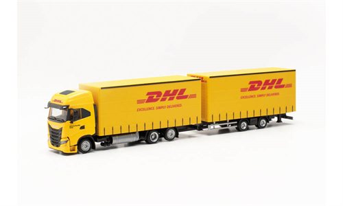 Herpa 315890 IVECO S-WAY LNG VOLUMEN-HÄNGERZUG „DHL“, H0 KOMMENDE NYHED 2023